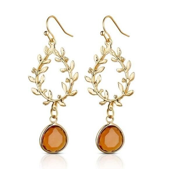 Elegant Gold Laurel Wreath Amber Crystal Earrings - Picture 1 of 1